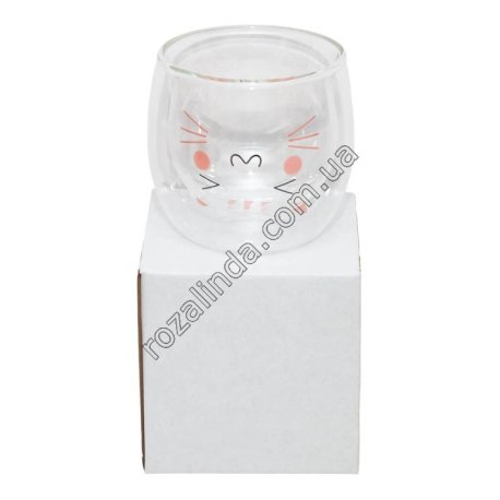 М0917 Стакан двойное стекло 1ШТ низкий. Котик розовый 250мл, бел.короб, 8.5*9см, 147гр