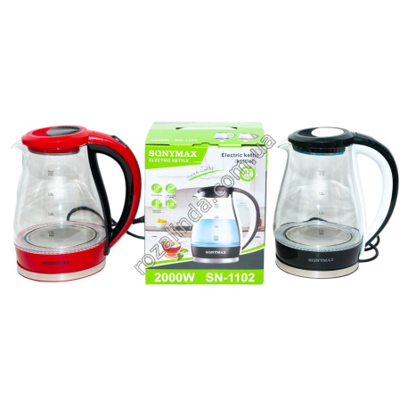 Е0068 Чайник электр. SQNYMAX SN-1102, 2.0L, стекло+подсветка, Грушка, красный/бело-черный, 2000W, 19*19*23см,883гр