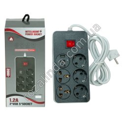 S0247 Сетевой фильтр удлинитель 2 м ZAMAN T102U, 3+2 розетки+3USB, выключатель, 10A, 250V, 1.2А, DC5V, коробка, 10.7*8*23.5см, 4