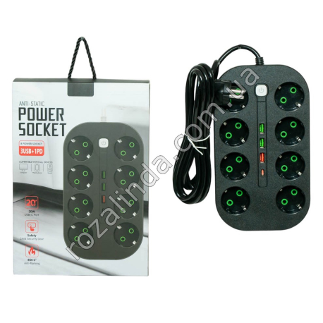 S0254 Сетевой фильтр удлинитель 3м ZAMAN T-U08, 8розеток+3USB+Type-C, 3м, выключатель, 10A, 250V, 3.4А, DC5V, коробка, 18.2*4.8*