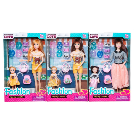 S0739 Кукла барби 29см + дочь 14см 'Fashion', шарнирная, + собачка, переноска, рюкзак, маска 7шт, 20*5.5*33см, 265 гр