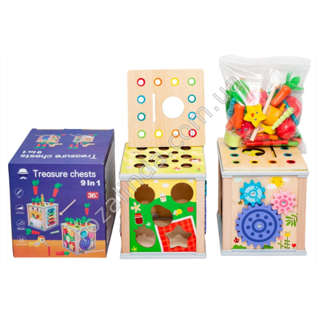 S0750 Игра логическая деревянная (сортер) Куб 9в1 'Wooden Activity Cube', развивающий, 15.5*15.5*16.5см, 800г