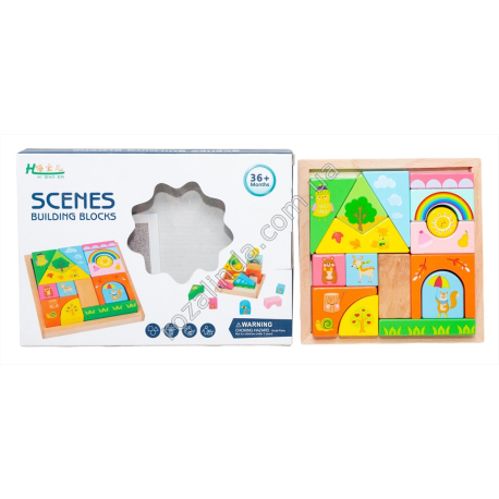 S0751 Игра логическая деревянная, конструктор цветной 'Scenes building blocks' 16дет, 17.5*17.5*3.5см, 722гр,