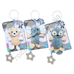 S0830 Погремушка подвеска детская плюш Животные Cлон/енот/мишка 14см, QX Toy 362, + грызунок, на коляску/кровать, музыкальный, 3
