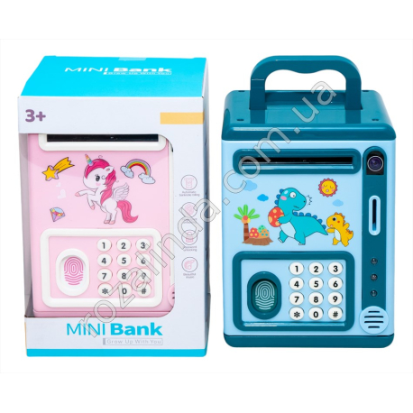 S0930 Копилка детская в виде сейфа Mini BANK Динозаврик, , прием. купюры, звук,отпечаток,код, 3цвета, 14*12*21см, 436гр
