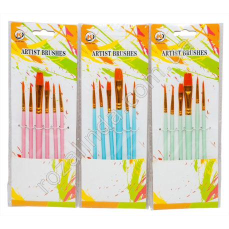 S0552 Кисти художественные наб.6шт Arist brushes, 4кругл+2 плоский, 9*26см, 29гр,12/д