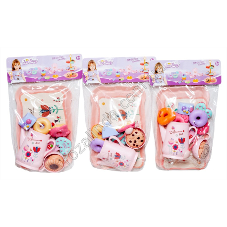 S0975 Игровой набор Фастфуд Чайная церемония Tea Party, поднос + чайник, чашка, ложка, пирожные, пончики, печенье, 15.5*23*4.5см