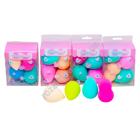 L0007 Cпонж Beauty Blender набор 4ШТ(3 яйца*6см+1фигурн.), 3 вида, Powder puff, бокс PVC, 8.5*11*4.5см, 52гр
