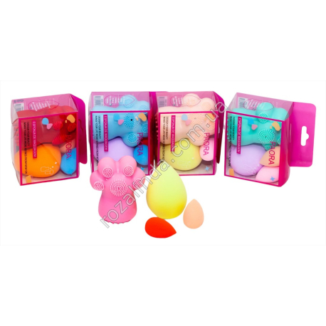 L0015 Щетка Массажер д/лица 'Лапка'+Cпонж Beauty Blender 3ШТ(5.5+3.3/2), бокс PVC, PAORA, 8*6.3*4.2см, 33гр,