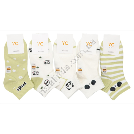 Т0389 Носки женские хлопок короткие 10/д салатовые/белые 'YC' 22-24см(36-40р),59.7%,Панда, полоска, 19*7*6.5см, 25гр