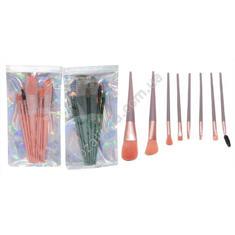 L0020 Кисти-щеточки д/макияжа 8шт, 17-20см, зеленый/персик, пакет PVC, 11*24см, 40гр