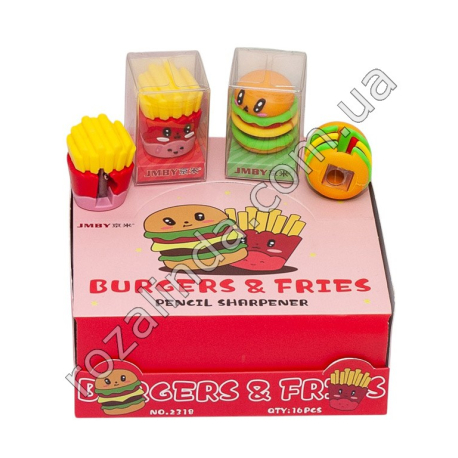 L0104 Точилка для карандашей одинарная 'Burger & Fries', 16/д, фастфуд, короб PVC, JMBY, 2318, 3.3*3.3*5см, 28гр