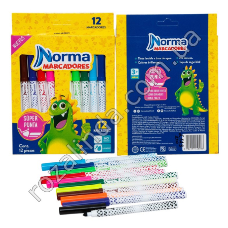 L0123 Фломастеры Norma 12 цветов 16см, 12/д, Marcadores, толст.стержень, коробка, 14*19см, 100гр