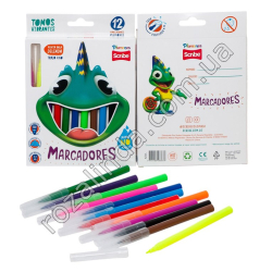 L0124 Фломастеры Plumones 12 цветов 14.5см, 12/д, Marcadores, тонк.стержень 2.3мм, коробка, 12.5*18см, 70гр