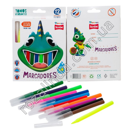 L0124 Фломастеры Plumones 12 цветов 14.5см, 12/д, Marcadores, тонк.стержень 2.3мм, коробка, 12.5*18см, 70гр