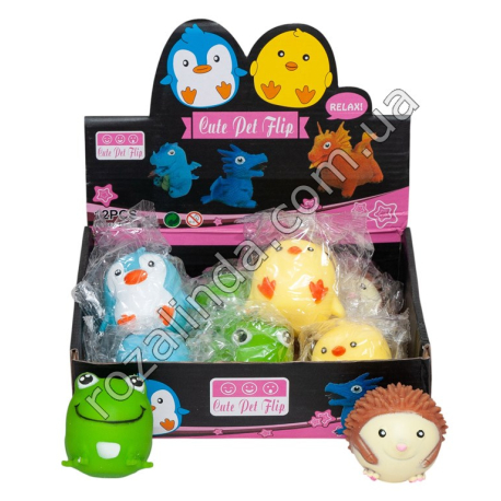 L0179 Игрушка антистресс-жмякалка животные, 12/д, (пингвин, ципленок, жабка, ежик) резина с наполнит