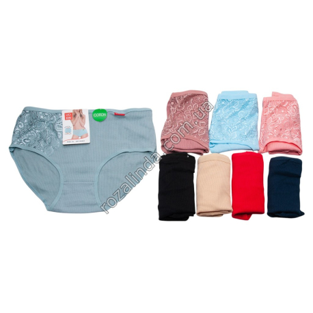 Т0570 Трусы женские хлопок Брифы UOKIN баталы, Size XL-3XL, 12/д, рубчик + кружевной бок, А9462, 36*30см, 42гр