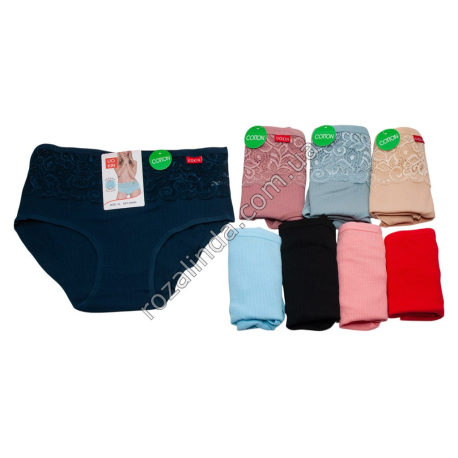 Т0567 Трусы женские хлопок Брифы UOKIN баталы, Size XL-3XL, 12/д, рубчик+кружевн. верх, А9464, 36*31см, 42гр