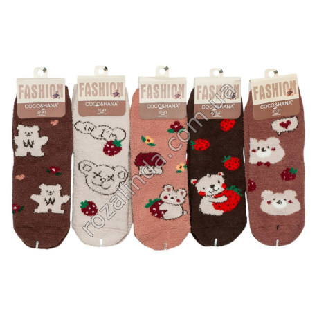 Т0595 Носки женские (травка, термо) короткие, Коричневые мишки, 10/д, 37-41р, 44гр, 16*8.5*11см