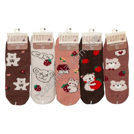 Т0595 Носки женские (травка, термо) короткие, Коричневые мишки, 10/д, 37-41р, 44гр, 16*8.5*11см