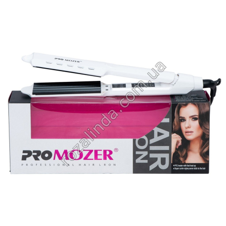 Е0153 Утюжок д/вол. ГОФРЕ Promozer MZ-7083, 4.3см, 45W, 230С,5режим, белый, шир.керам.пласт с турм.покр., 32*12*6см