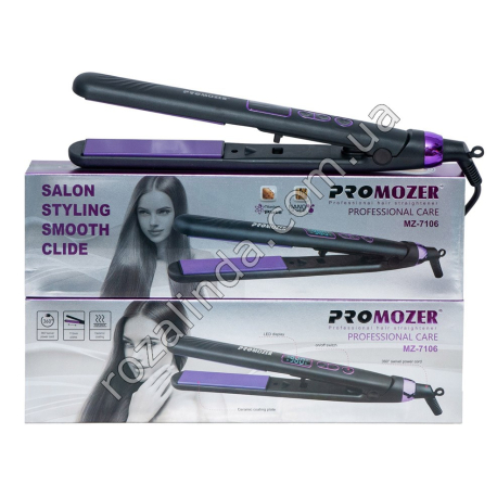 Е0156 Утюжок д/вол. Promozer MZ-7106, 2,5 см, 45 Вт, 700-980 F, 360 шнур, керам.пласт, LED дисплей, фиксатор, 35*10*5 см, 318 г
