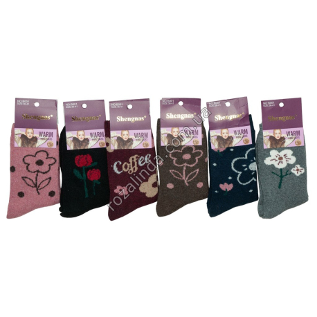 Т0651 Носки женск. шерсть ангора термо высокие, Цветочки,12/д, Shengnas, wool-20%,angora-75%, 36-41р, 65гр, 19*8.5*16.5см.