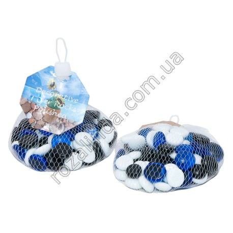 L0298 Камень декоративный „Stones“, черный/белый/синий, стекло, 2см, 250гр.