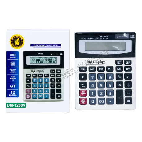 L0459 Калькулятор Big Display DM-1200V, 30/д, мет.покрытие, солнечн. батар+бат АА(не вход.), 180г