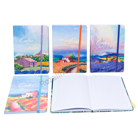 L0493 Блокнот А5 80л, клетка, твердая обложка, резинка, 'Пейзажи' Color, 21*14.5см, 250г