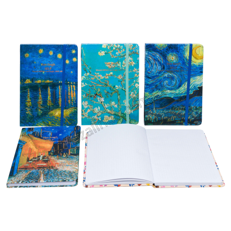 L0497 Блокнот А5 80л, клетка, твердая обложка, резинка, 'Картины Van Gogh', 21*14.5см, 249г