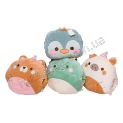 L0603 Мягкая игрушка подушка-муфта Животные 30-35см, велюр, медвежонок/поросенок/динозаврик/пингвин, 30-35*30*14см, 405 г